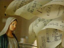 the statue is surrounded by sheet music and other musical notes in front of her face