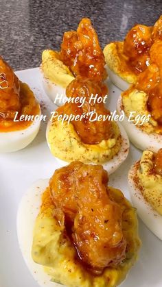 deviled eggs are stuffed with meat and sauce