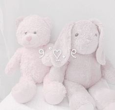 two pink stuffed animals sitting next to each other on a white surface with the word love spelled in front of them