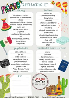 the travel packing list is shown in this graphic style, with information about what to pack for