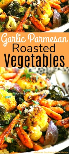 garlic parmesan roasted veggies with carrots and broccoli in a white serving dish