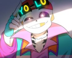 a cartoon character with the word yolo written on his forehead and eyes glowing brightly