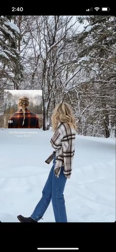 a woman is walking in the snow with her hand on her hip and an image of a man behind her