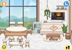 a living room filled with furniture and a fire place in front of a large window