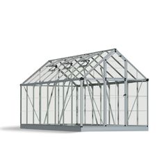 a greenhouse with glass walls and doors on the side, in front of a white background