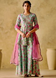 Sky Blue Printed Silk Peplum Kurta Sharara Set Varun Chhabra - Fabilicious Fashion Peplum Sharara, Flared Sharara, Kurta Sharara Set, Kurta Sharara, Cotton Dupatta, Sharara Set, Zari Work, Net Dupatta, Embroidery Suits