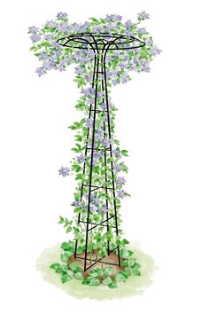 a tall metal structure with purple flowers growing on it