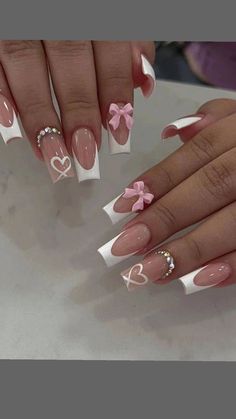 White French Acrylic Nails, Acrylic Nails Tips, School Nail Art, Bow Nail Designs, Press On Nails Long, Nails Tips, Pink Bow Tie, Purple Nail