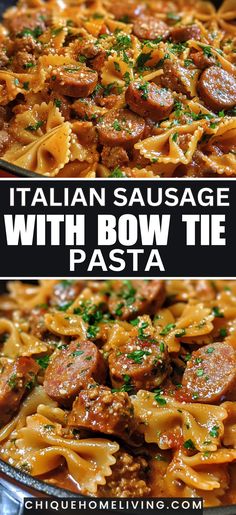 pasta with sausage and bow tie sauce in a skillet