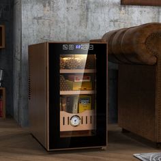 an image of a wine cooler in the middle of a living room with bookshelves