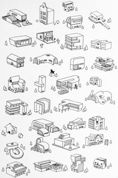 black and white drawing of various architectural buildings