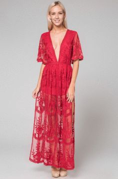 Black Romper Maxi Dress with Embroidered Lace at ShopTristin.com – Tristin Red Lace Maxi Dress, Chloe Dress, Valentines Day Dresses, Honey Punch, Red Romper, Red Maxi, Plunging Neck