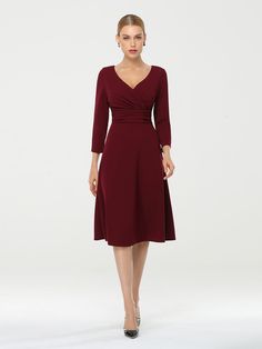 Fit: Please refer to Size Chart. Closure: It is Concealed a Zipper Up The Back. Undergarments: It is Not Padded, without Lining. Fabric: The garment comprises Polyester. Stretch: Fabric is Low Stretch. Solid V-neck Workwear Dress For Fall, Fall Workwear V-neck Dress, Spring Formal V-neck Dress, Solid V-neck Dress For Semi-formal Occasions, Semi-formal Solid V-neck Dress, Solid Color V-neck Dress For Semi-formal Occasions, Casual Fitted V-neck Dress For Evening, Knee-length V-neck Dress For Fall Formal, Fall Formal Knee-length V-neck Dress