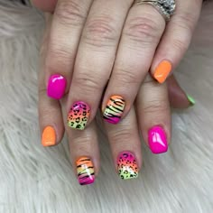 Neon Zebra Print Nails, Summer Cheetah Print Nails, Summer Shorties Nails, Colorful Zebra Nails, Colorful Cheetah Nails, Zebra And Cheetah Nails, Neon Cheetah Nails, Bright Leopard Print Nails, Lisa Frank Nail Designs