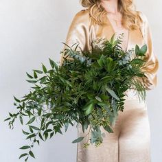 Greenery Only Bridal Bouquet Cascade DIY Flower Moxie Greenery Only Wedding, All Greenery Bouquet, Bouquet Greenery Types, Leaf Bouquet, All Green Bridesmaid Bouquet, Italian Ruscus Wedding Bouquet, Italian Ruscus Bridesmaid Bouquet, Green Bridal Bouquet, Forest Wedding Bouquet