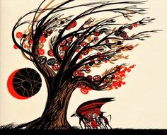 a drawing of a tree with red berries on it and a dragon in the foreground