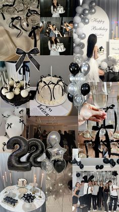 a collage of photos with balloons, cake and decorations