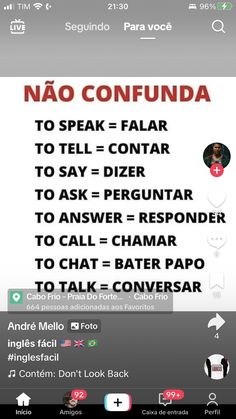 a cell phone with an ad on it that reads nao confuda to speak = falar to tell = contar to say = difer