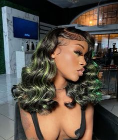 Colored Lace Front Wigs, Highlight Wigs, Birthday Hairstyles, Instagram Baddie, Green Highlights, Black Wig