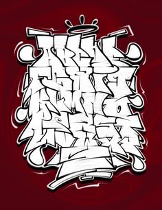 the word graffiti written in white and black ink on a red background with some type of writing