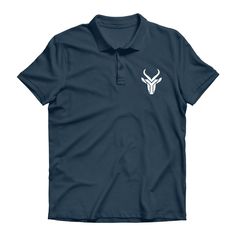 a navy polo shirt with an image of a deer head on the front and side