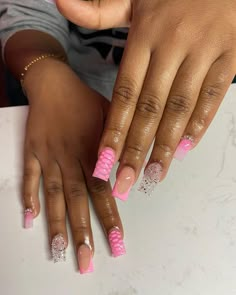 Short Pink Freestyle Nails, Pink Freestyle Acrylic Nails, Short Pink Nails, French Tip Acrylic Nails, Acrylic Nails Coffin Pink