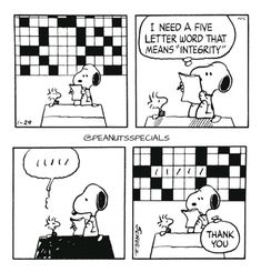 a comic strip with peanuts saying, i need a five letter word that means interivity