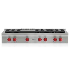 a stainless steel stove top with four burners and red knobs on the side