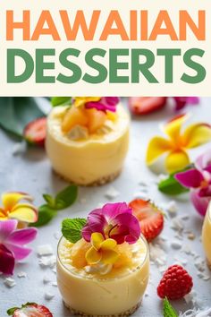 small desserts with flowers and strawberries on the side, in front of them