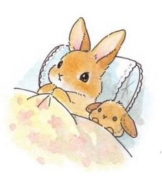 a drawing of a bunny in bed with a stuffed animal on it's back