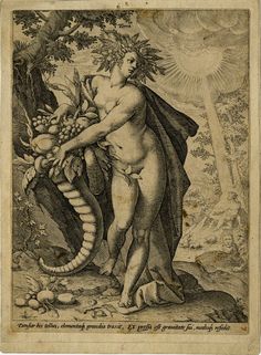 a drawing of a naked man holding grapes and a snake in front of the sun