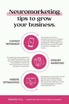 a pink and white flyer with the words neuroma marketing tips to grow your business