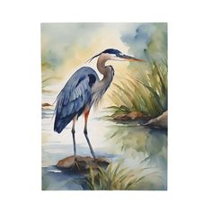 a painting of a blue heron standing in the water