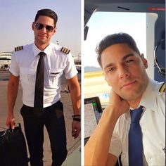 two men in uniforms standing next to each other on an airport tarmac, one wearing sunglasses and the other holding a briefcase