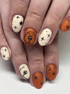 24pcs Halloween Nail Art Set, Short Elliptical Glossy Brown Cute Cartoon Skull, Star And Moon Festival Theme With Jelly Gel (1pc) And Sanding Strip (1pc)I discovered amazing products on SHEIN.com, come check them out! Fox Nail Gel, Magic Press On Nails, Gel Mani Ideas, Zodiac Sign Nails, Panda Nails, Free Halloween Svg, Craft Market Display, Cute Halloween Nails, Halloween Press On Nails