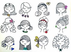 People Doodles, Girl Doodle, Face Doodles, Doodle People, Hair Clipart, Easy Doodle Art, Easy Doodles Drawings