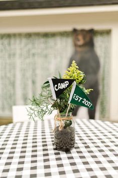 a table with a black and white checkered table cloth, green plant in a mason jar that says camp