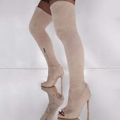 TAAFO Peep Toe Over Knee High Heel Boots Solid Stretch Upper Long Thigh High Boots For Women Khaki-37 Fitted Thigh-high Beige Boots, Fitted Beige Thigh-high Boots, Beige Knee-high Heeled Boots For Party, Beige Knee-high Platform Boots, Fitted Beige Platform Boots For Fall, Knee High Heel Boots, Cowboy Shoes, Dance Heels, Knee High Heels