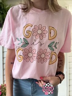 God is Good tee   Shown on Blossom. If you do not leave color choice in the personalization tab, I will make it like pictured.  Comfort colors, unisex sizes. Casual Pink Slogan T-shirt, Cute Pink T-shirt With Custom Print, Pink Slogan Crew Neck T-shirt, Pink Slogan T-shirt With Crew Neck, Basic Slogan T-shirt For Spring, Pink Crew Neck T-shirt With Slogan, Basic Spring T-shirt With Text Print, Basic Text Print T-shirt For Spring, Cute Spring Letter Print T-shirt