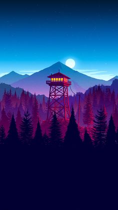 a painting of a red tower in the middle of a forest with mountains and trees