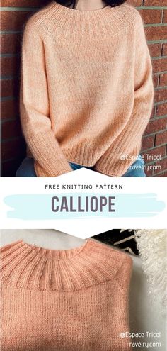 a woman wearing a knitted sweater with the text free knitting pattern called callope