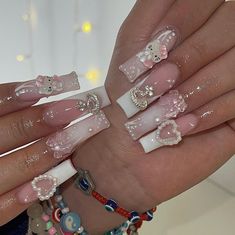 Hello Kitty Pink Nails, Diy Long Nails, Pink Nails Aesthetic, Quinceanera Nails, Kitty Nails, Punk Nails, Romantic Nails, Long Acrylic Nail Designs, Nails Aesthetic