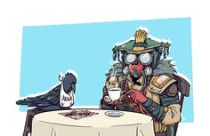 a person sitting at a table with a bird next to him eating food and drinking from a cup