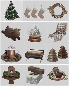 many different types of christmas decorations are shown in this image, including stockings and snow globes