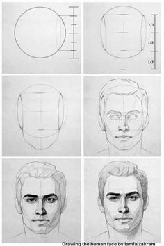 the steps to draw a man's face with different angles and hair lengths