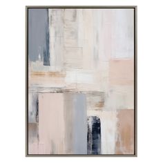 an abstract painting with beige, blue and grey colors on the wall in a frame