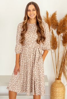 Who doesn't love a beautiful floral dress with a self-tie that can be tied in front or back as you desire. And side pockets are a great addition to this gorgeous soft luxe dress. It's the perfect length for all occasions and comfy enough for all day. Also comes in Mauve. 95% Polyester 5% Spandex 0-4 Small 5-9 Medium 10 Luxe Dress, Modest Clothes, Cute Modest Outfits, Beautiful Floral Dresses, Bohemian Blouses, Tan Dresses, Pretty Stuff, Green Beige, Proverbs 31