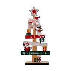 a wooden christmas tree with santa claus and other decorations on it's top, in front of a white background