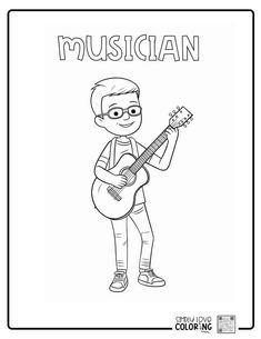 a coloring page with an image of a cartoon character playing the guitar, which reads musician