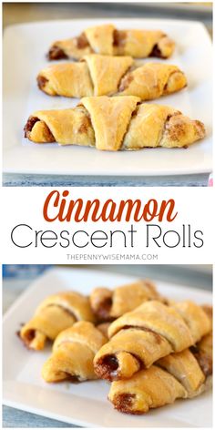 cinnamon crescent rolls on a white plate with the words cinnamon crescent rolls in front of them